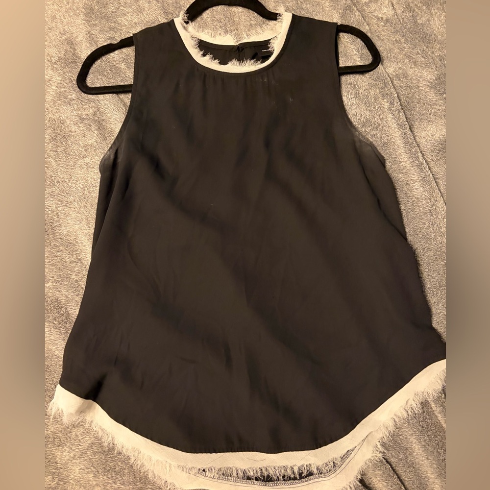Who What Wear Black Sleeveless Blouse with White Feather Trim